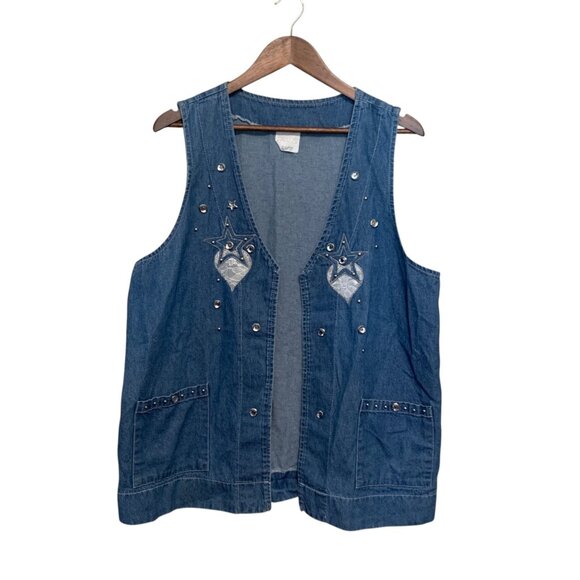 VTG Frans Dallas Cowboys Denim Open Vest Star Heart Embellishments XL Retro 80s - Picture 4 of 12